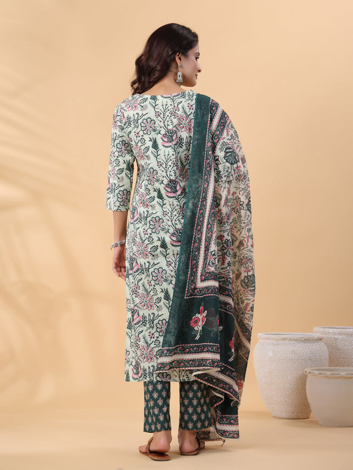 Sage Green Green Cotton Floral Regular Kurta Set  - By Janasya