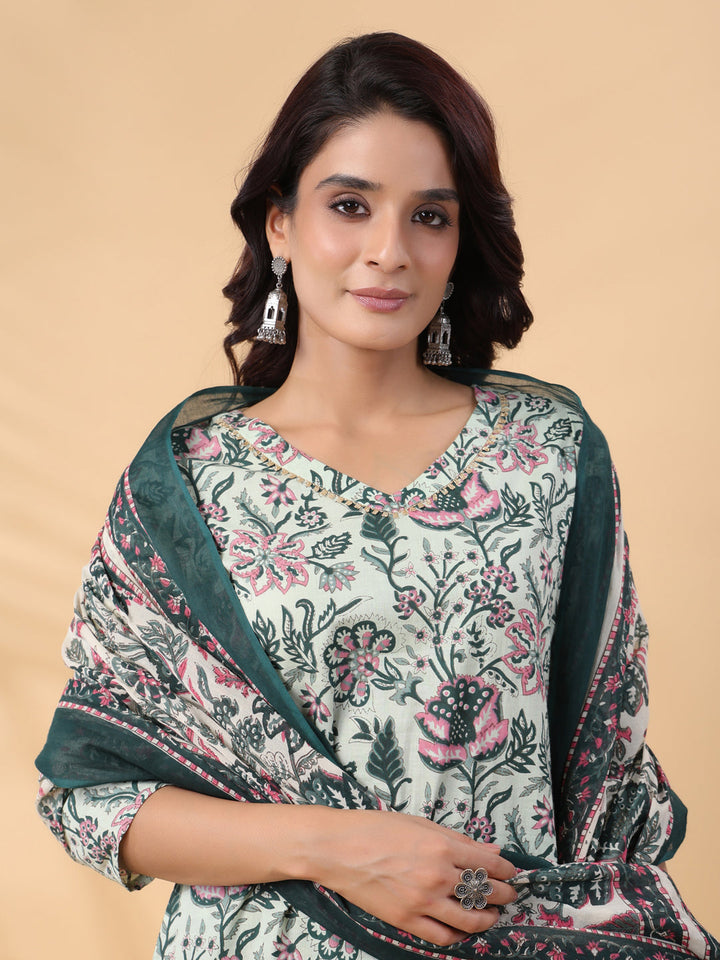 Sage Green Green Cotton Floral Regular Kurta Set  - By Janasya