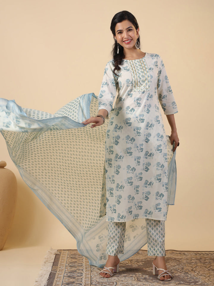 Cream Cotton Floral Printed Straight Kurta Set  - By Janasya