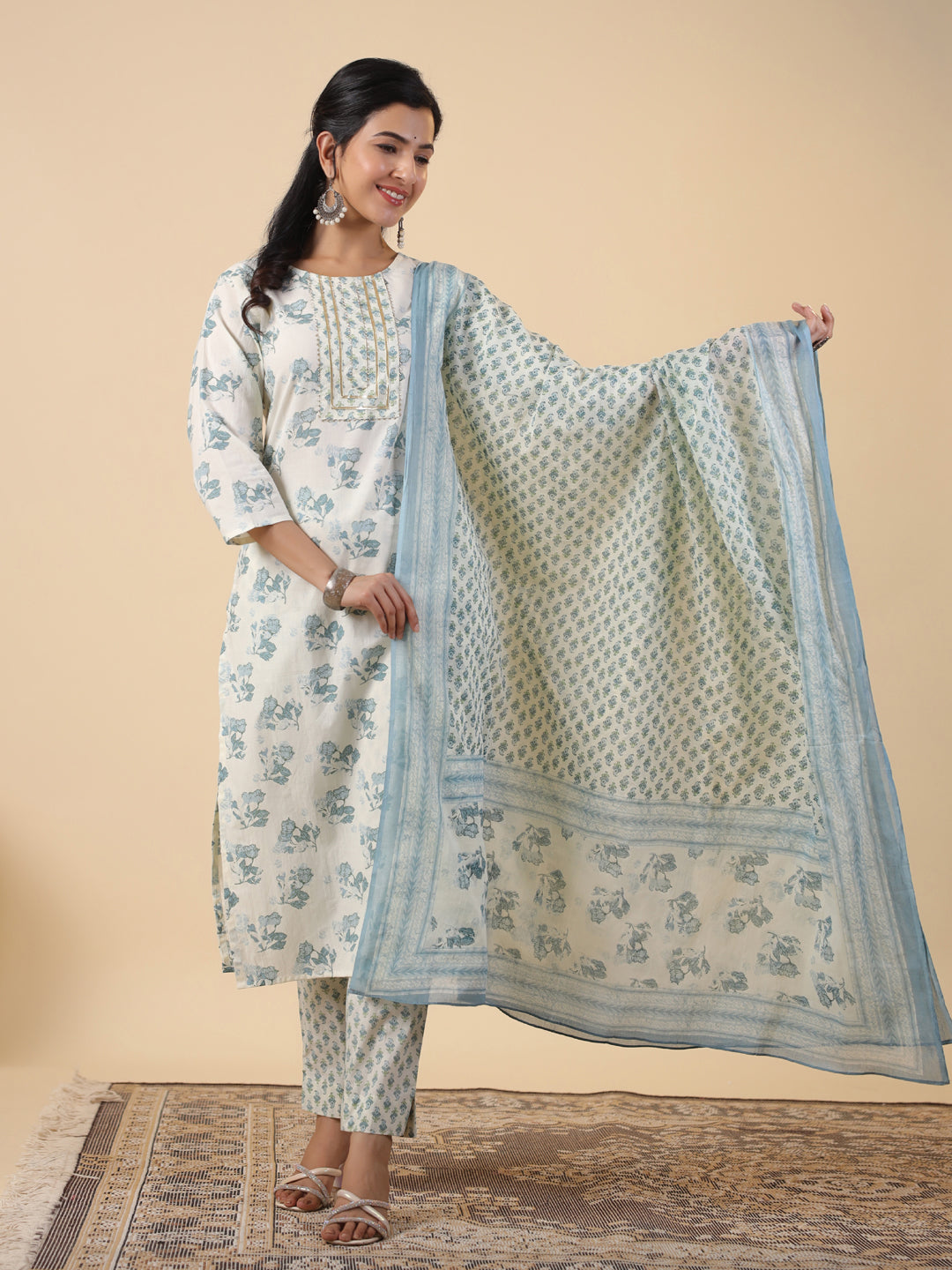 Cream Cotton Floral Printed Straight Kurta Set  - By Janasya