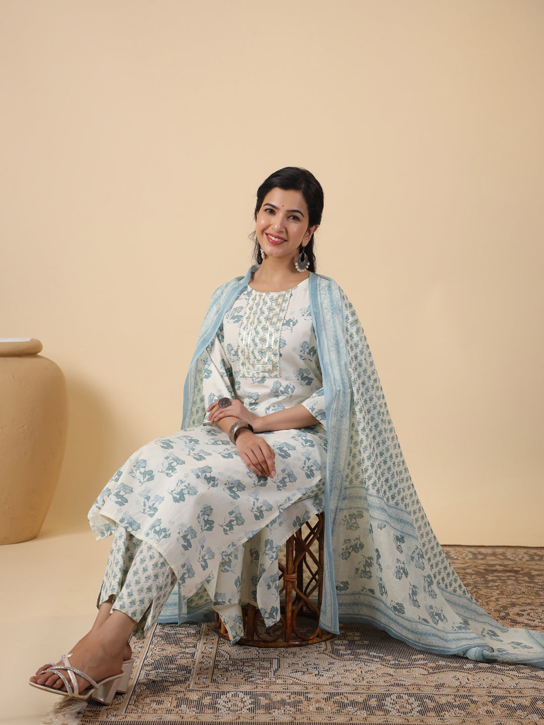 Cream Cotton Floral Printed Straight Kurta Set  - By Janasya