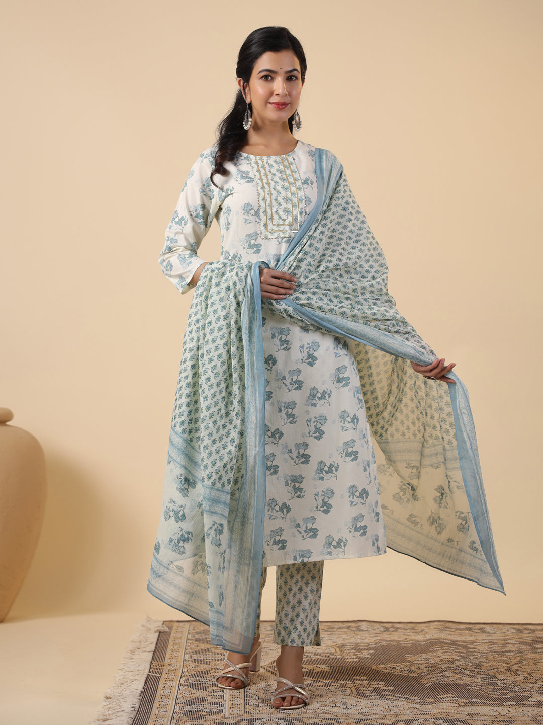 Cream Cotton Floral Printed Straight Kurta Set  - By Janasya