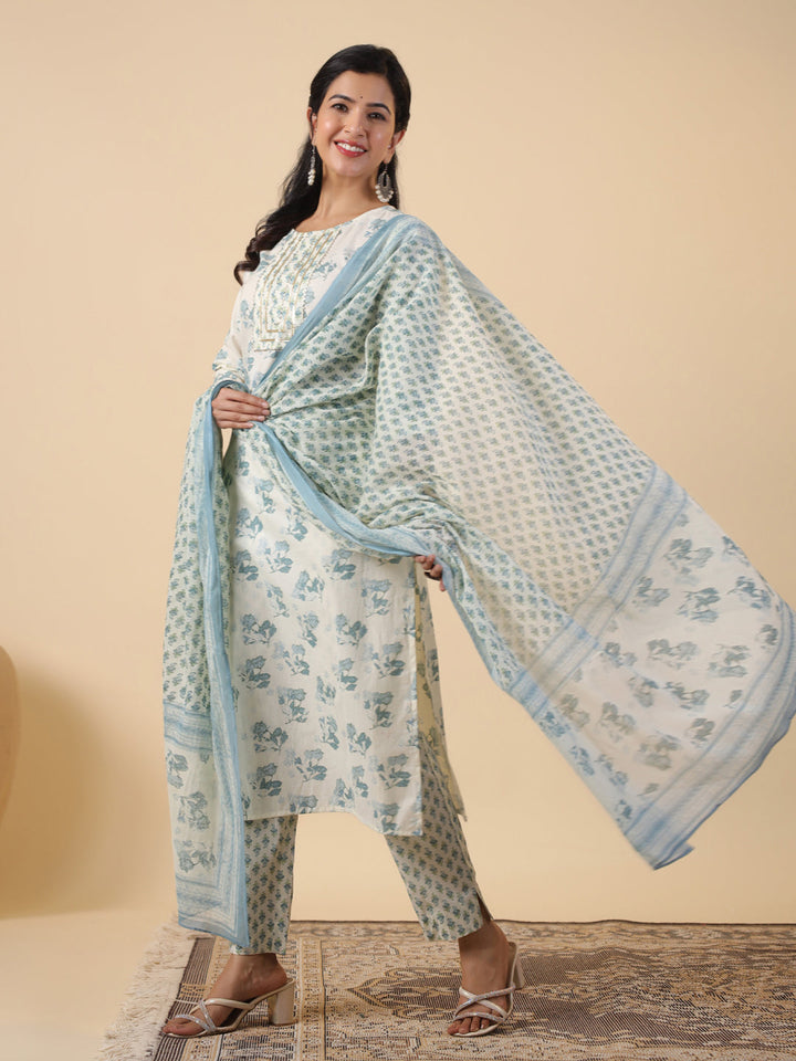 Cream Cotton Floral Printed Straight Kurta Set  - By Janasya