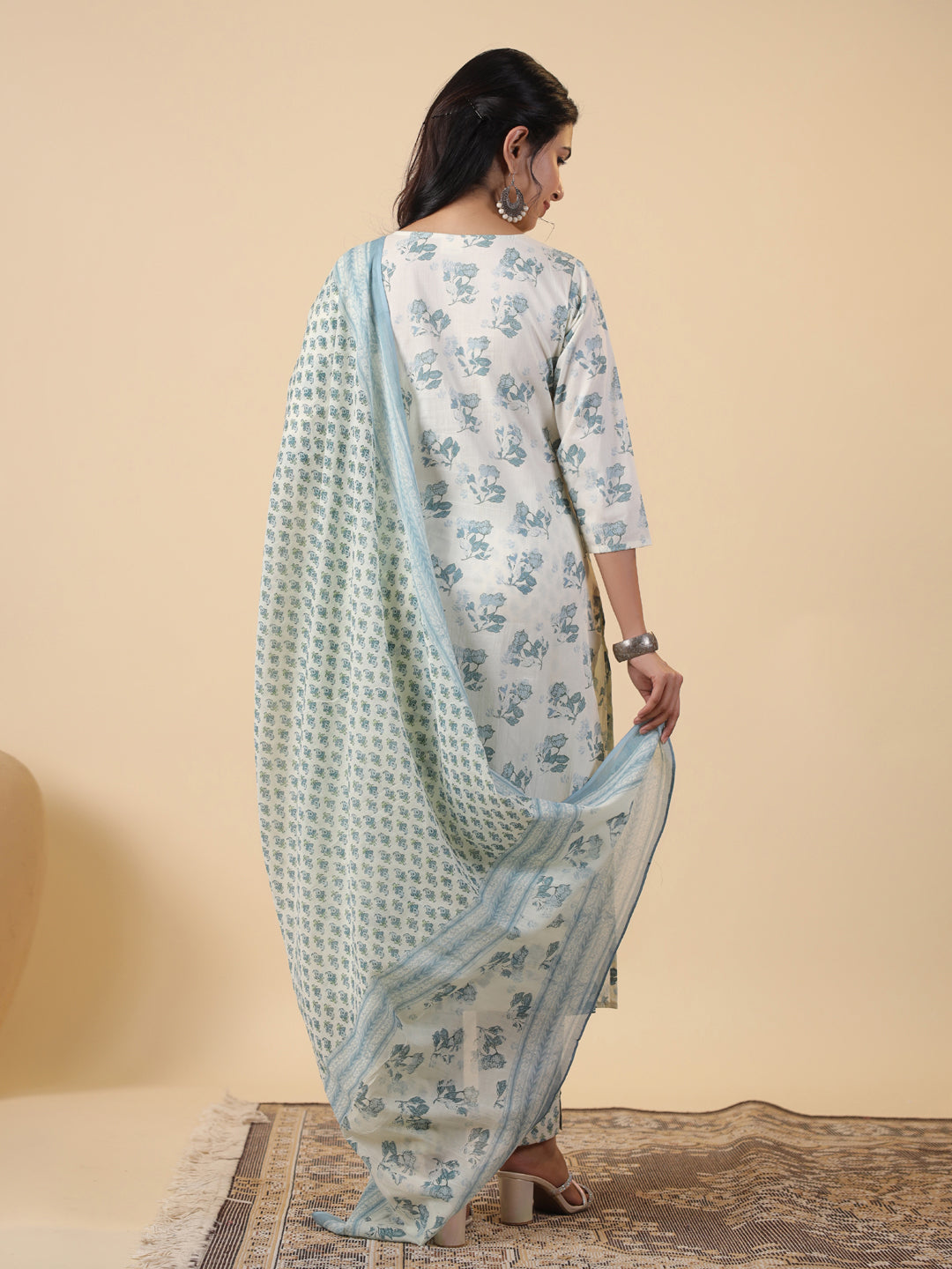 Cream Cotton Floral Printed Straight Kurta Set  - By Janasya