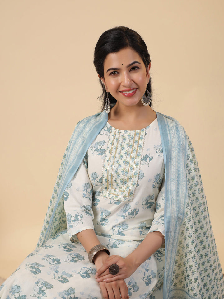 Cream Cotton Floral Printed Straight Kurta Set  - By Janasya