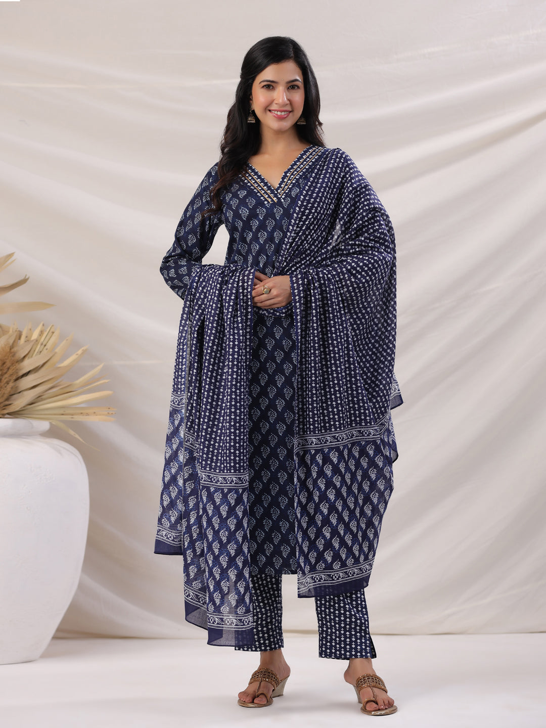 Navy Blue Cotton Ethnic Motifs Regular Kurta Set  - By Janasya