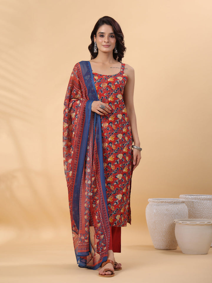 Red Cotton Floral Straight Kurta Set  - By Janasya