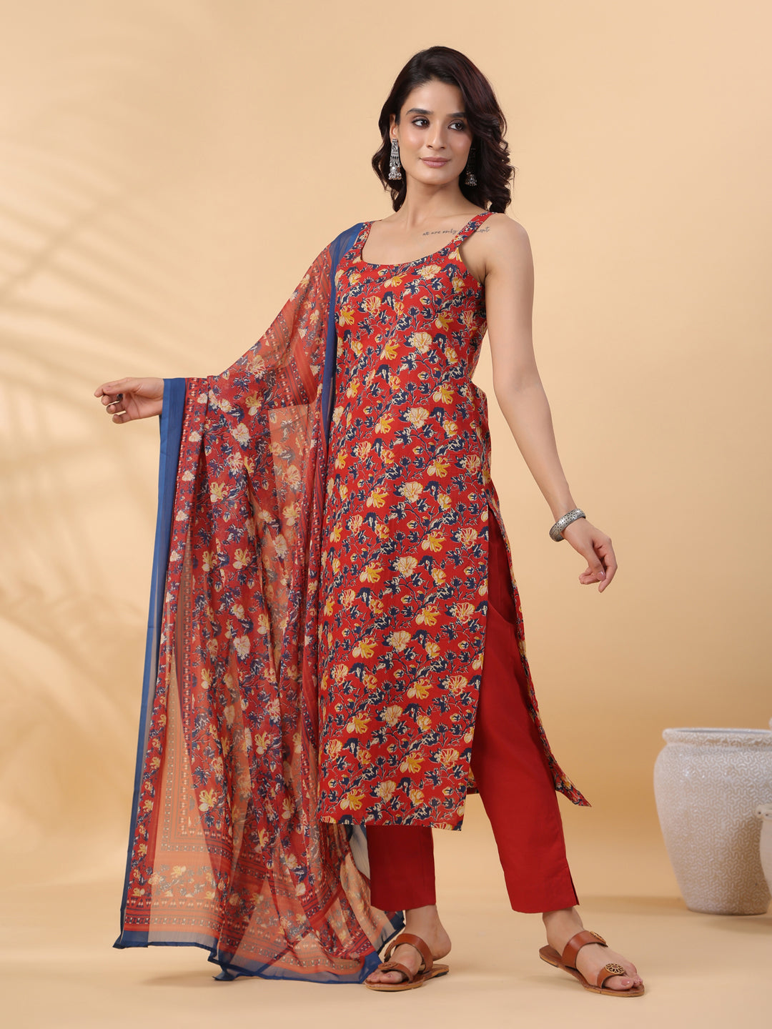 Red Cotton Floral Straight Kurta Set  - By Janasya