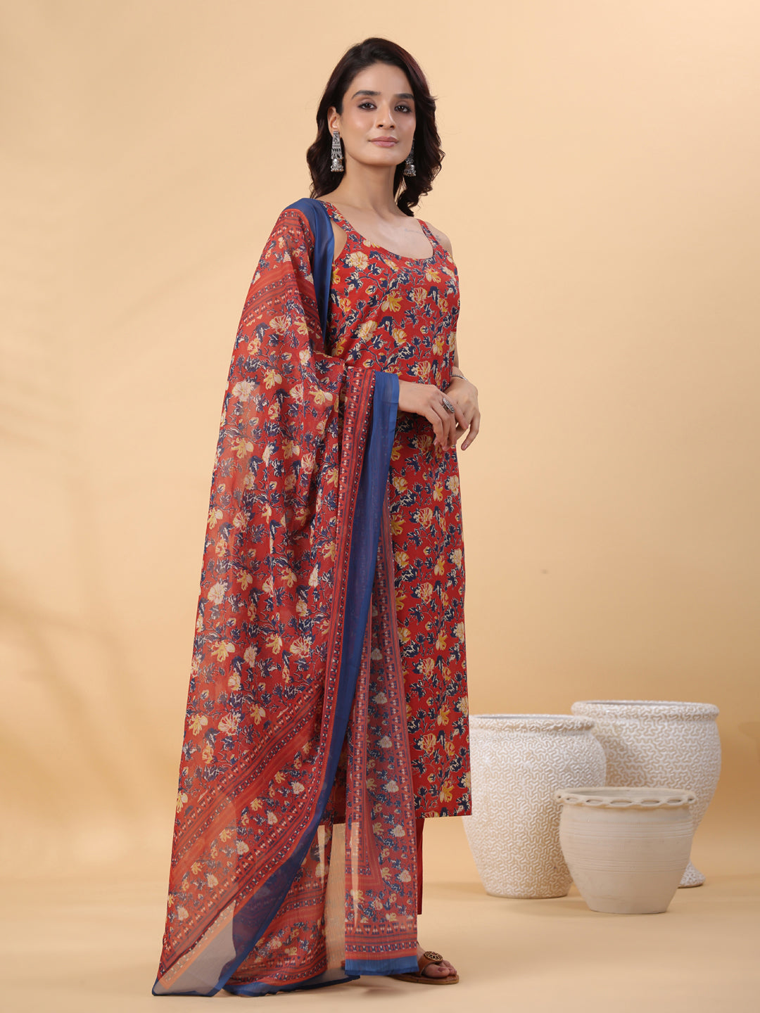 Red Cotton Floral Straight Kurta Set  - By Janasya