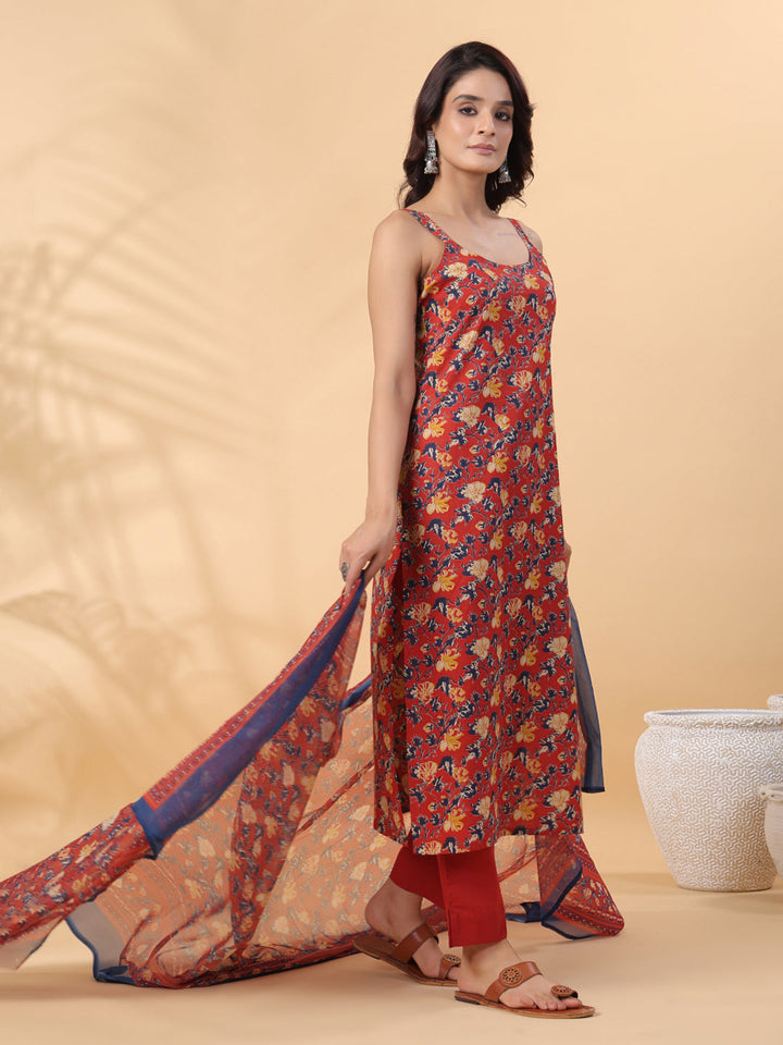 Red Cotton Floral Straight Kurta Set  - By Janasya