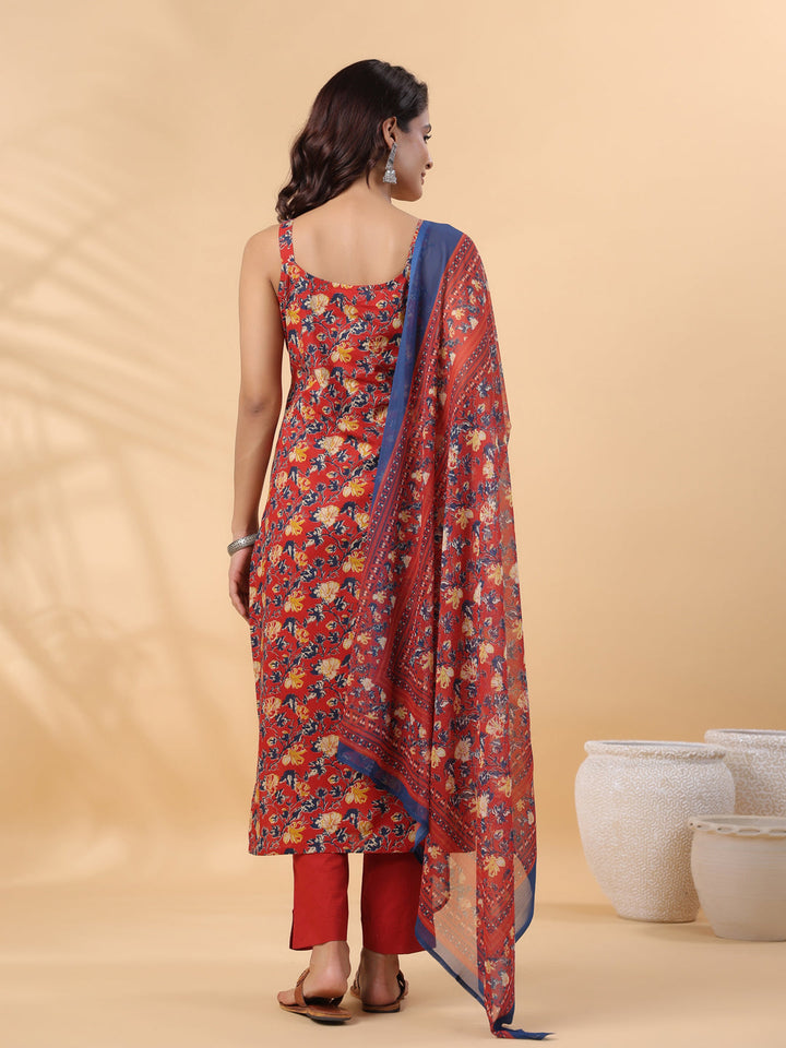 Red Cotton Floral Straight Kurta Set  - By Janasya