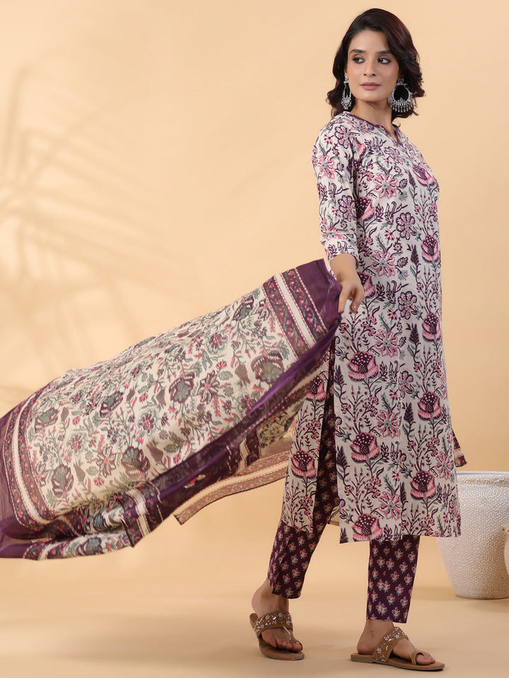 Cream Cotton Floral Printed Straight Kurta Set  - By Janasya