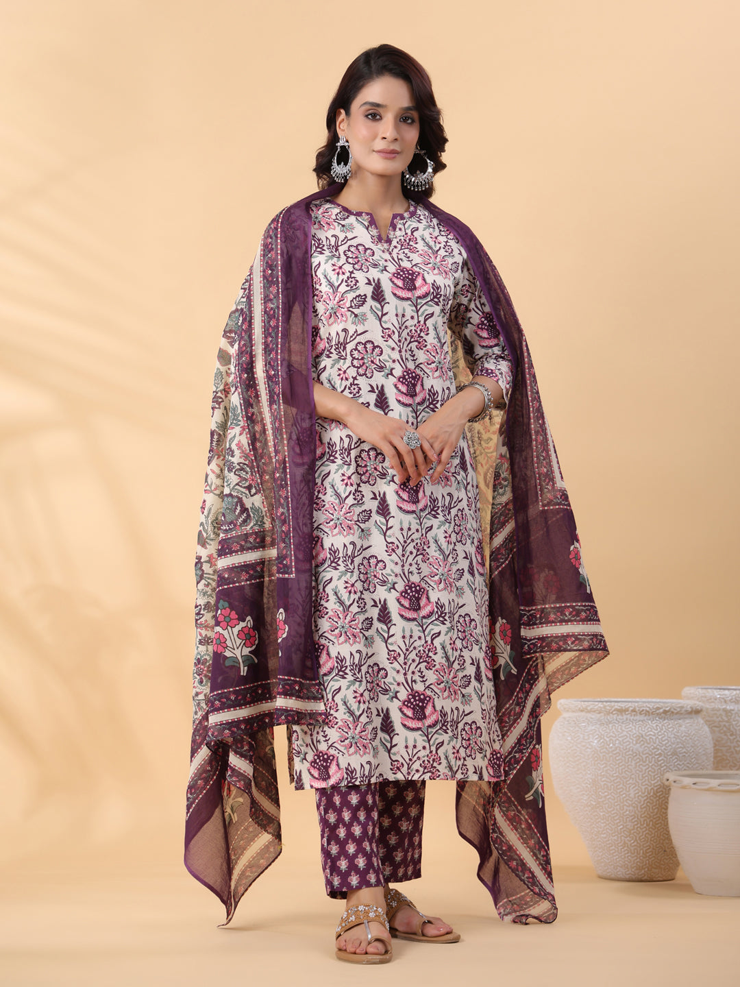 Cream Cotton Floral Printed Straight Kurta Set  - By Janasya