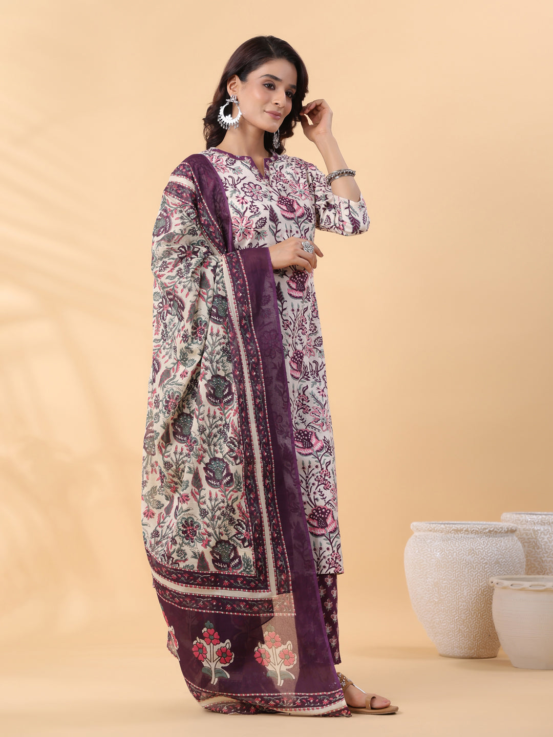 Cream Cotton Floral Printed Straight Kurta Set  - By Janasya