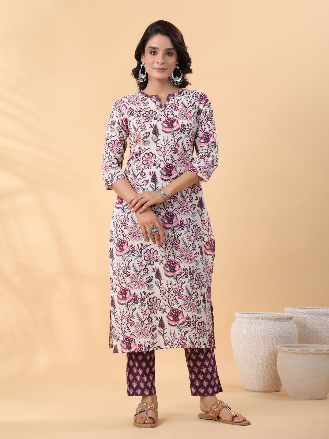 Cream Cotton Floral Printed Straight Kurta Set  - By Janasya