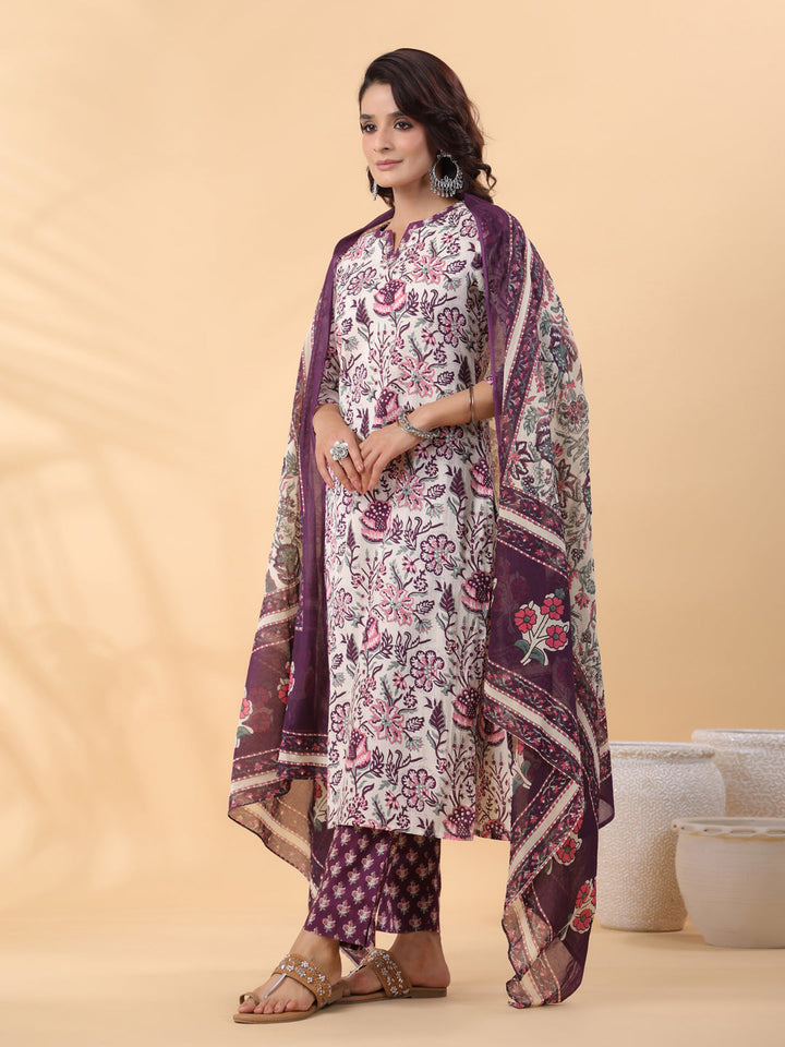 Cream Cotton Floral Printed Straight Kurta Set  - By Janasya