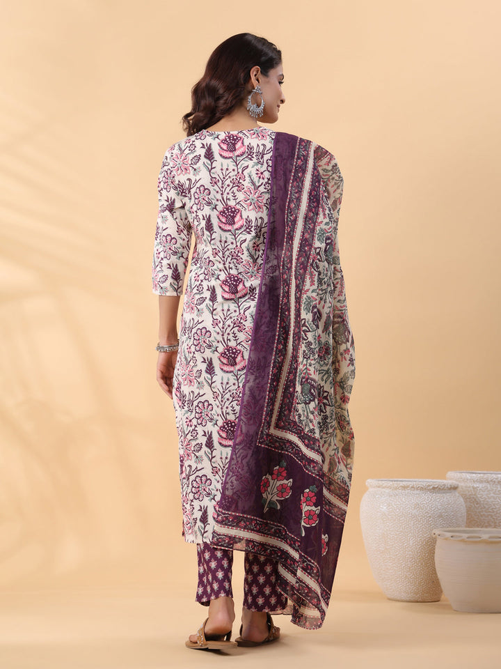 Cream Cotton Floral Printed Straight Kurta Set  - By Janasya