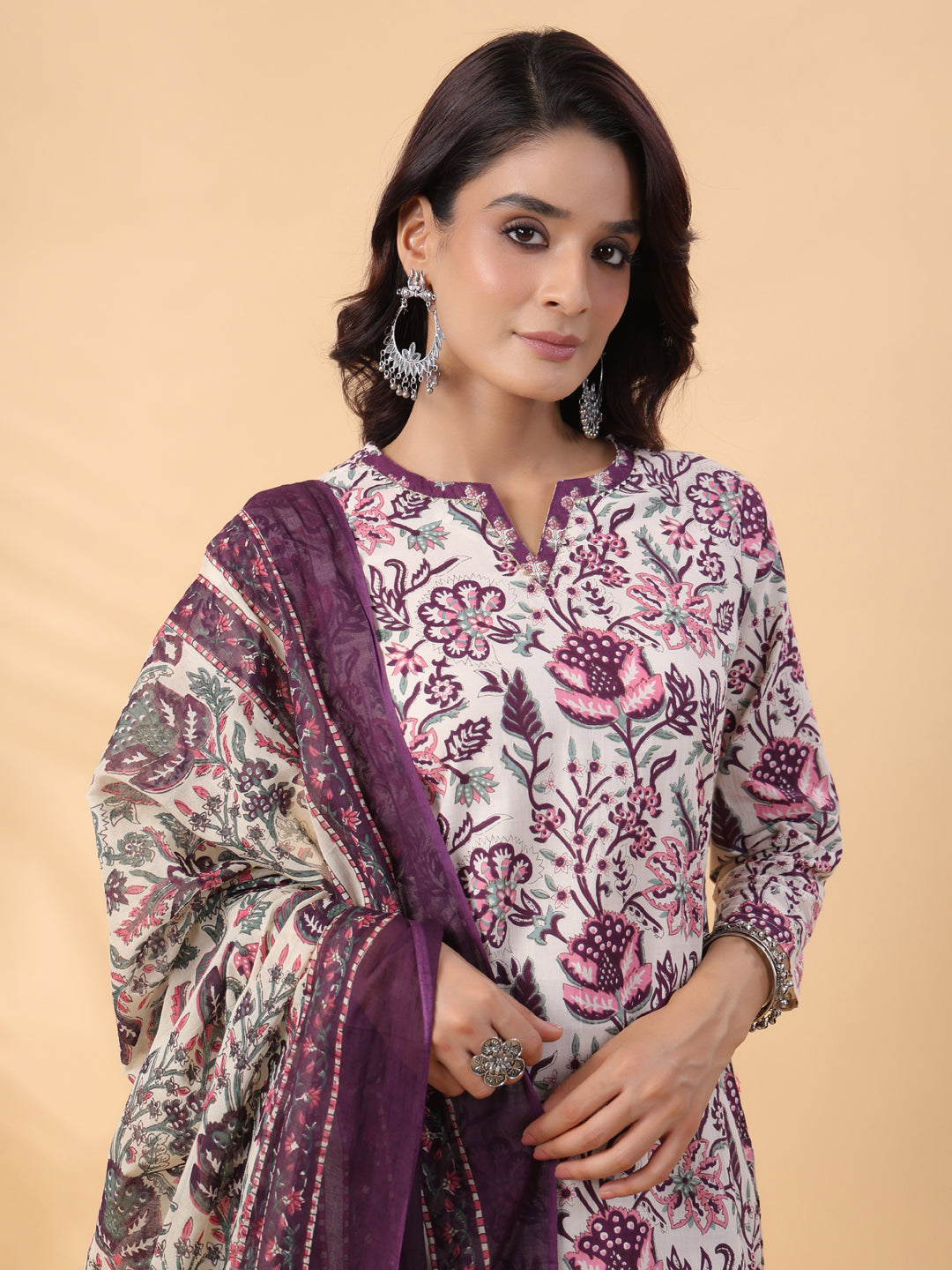 Cream Cotton Floral Printed Straight Kurta Set  - By Janasya