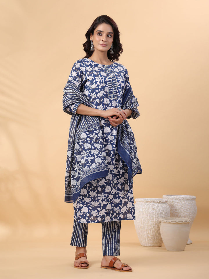 Blue Cotton Floral Printed Straight Kurta Set  - By Janasya