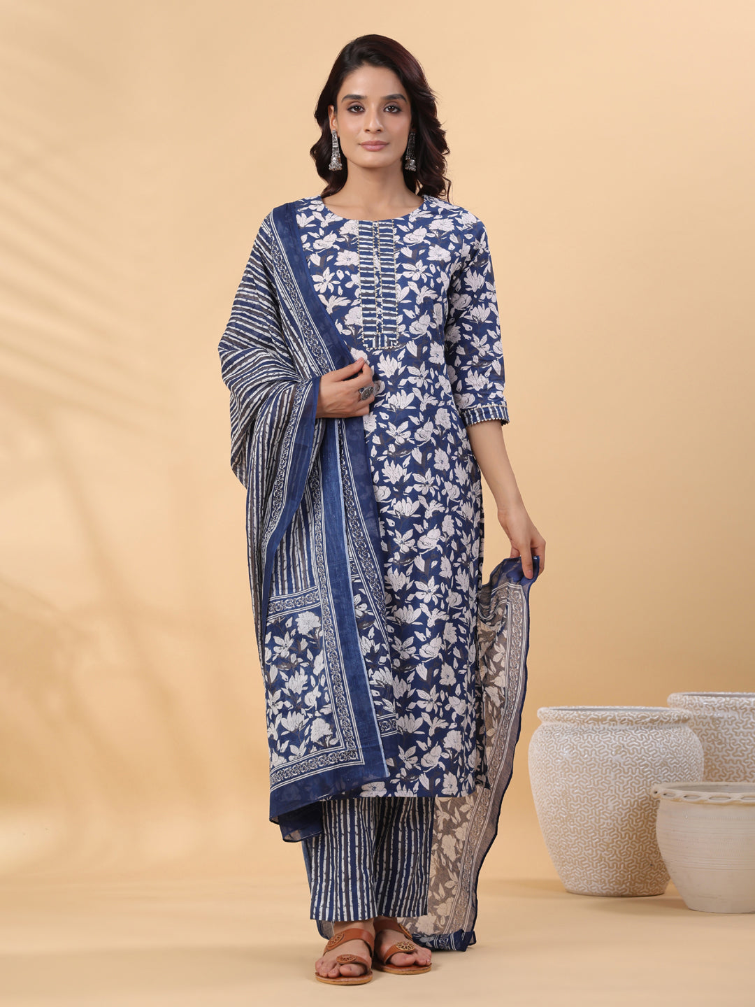 Blue Cotton Floral Printed Straight Kurta Set  - By Janasya