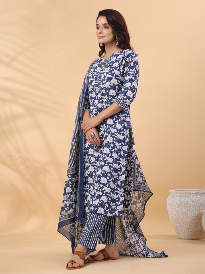 Blue Cotton Floral Printed Straight Kurta Set  - By Janasya