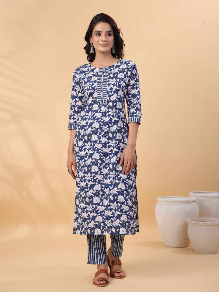 Blue Cotton Floral Printed Straight Kurta Set  - By Janasya