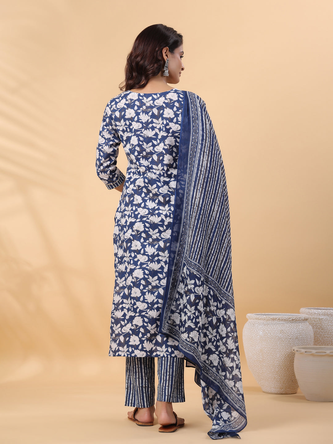 Blue Cotton Floral Printed Straight Kurta Set  - By Janasya