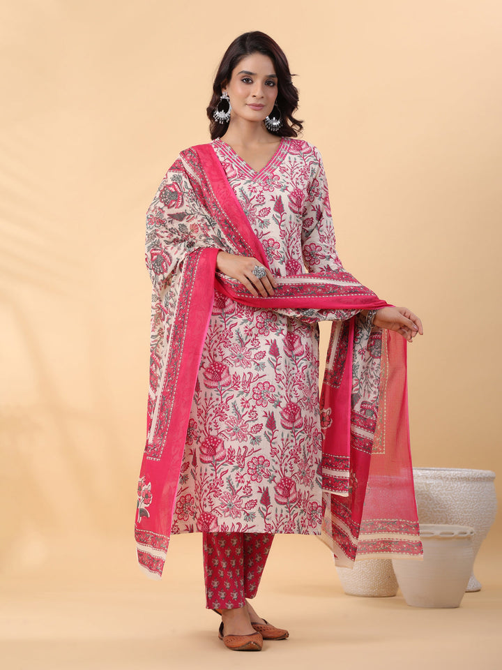 Off White Pure Cotton Floral Printed Straight Kurta Set  - By Janasya