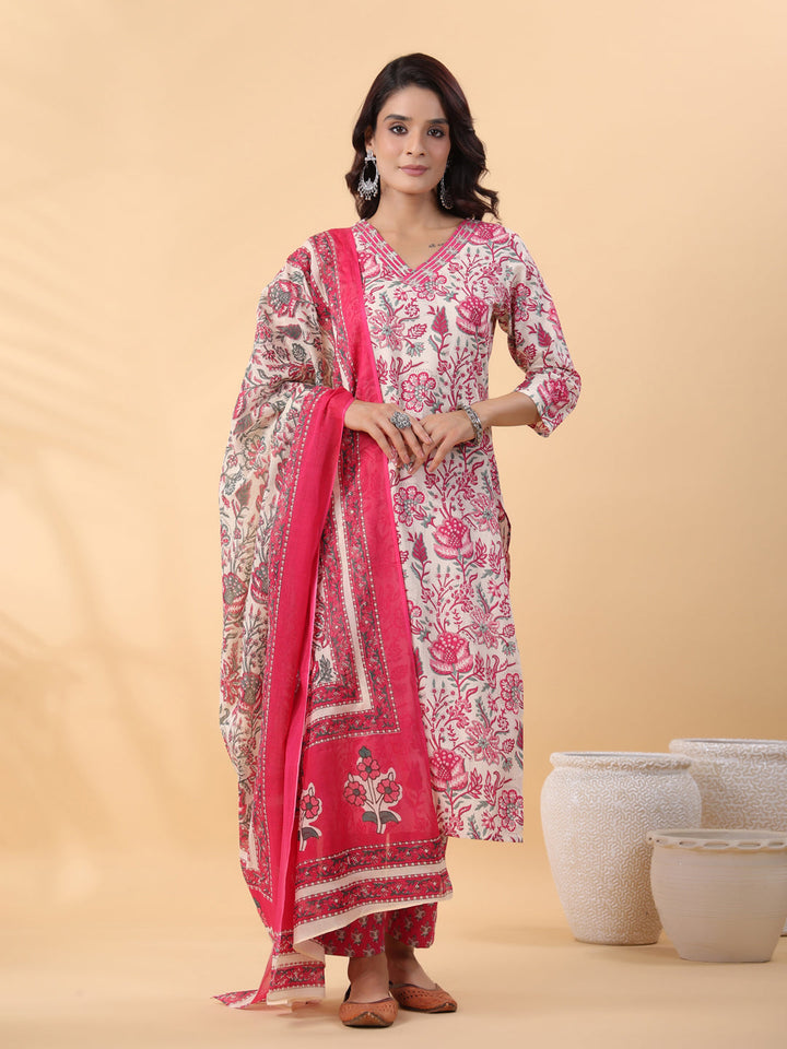 Off White Pure Cotton Floral Printed Straight Kurta Set  - By Janasya