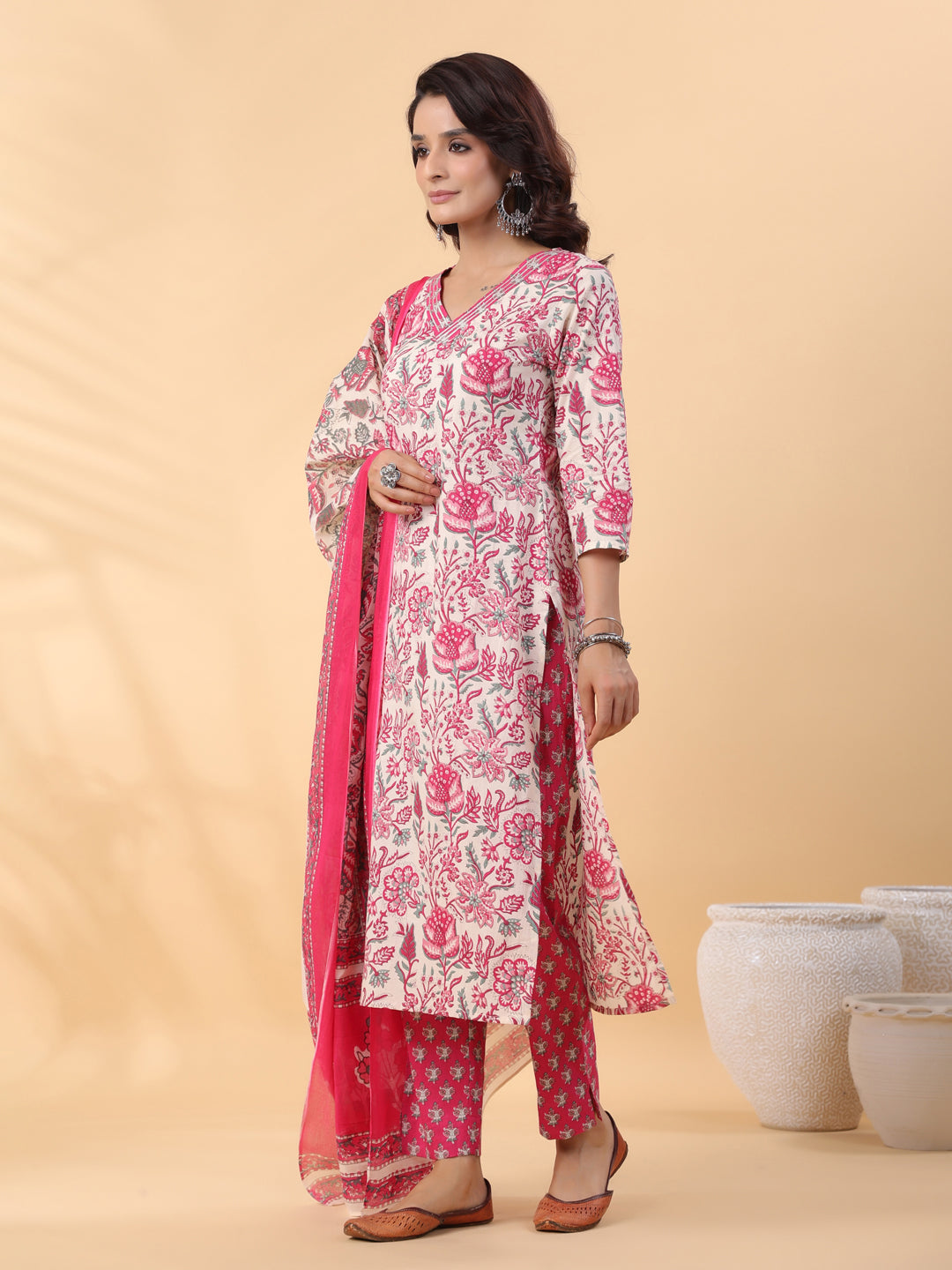 Off White Pure Cotton Floral Printed Straight Kurta Set  - By Janasya