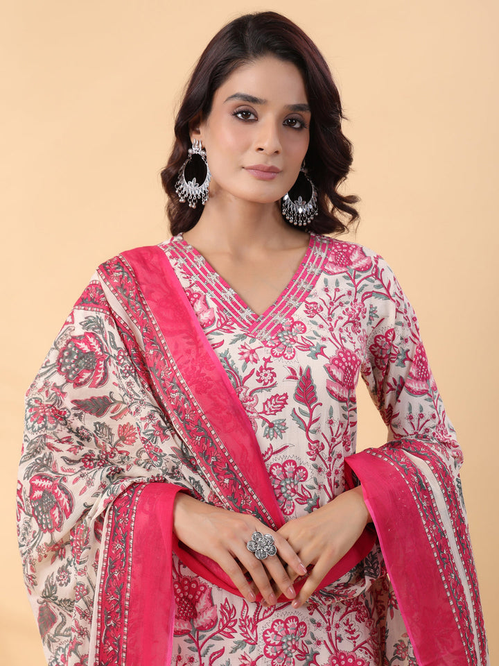 Off White Pure Cotton Floral Printed Straight Kurta Set  - By Janasya