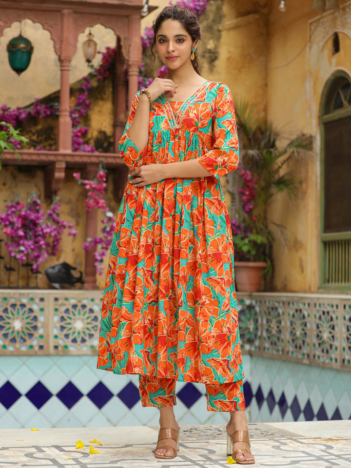 Orange Pure Cotton Floral Printed A-Line Kurta Set  - By Janasya