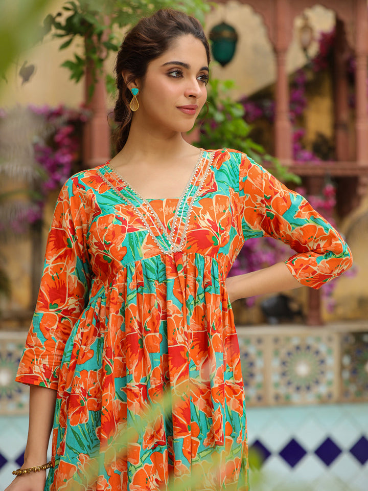 Orange Pure Cotton Floral Printed A-Line Kurta Set  - By Janasya