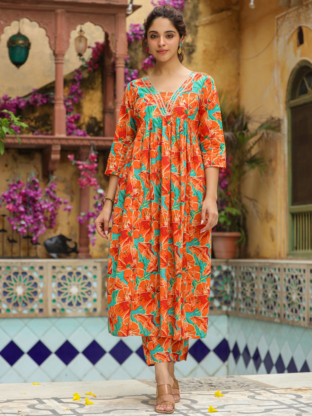 Orange Pure Cotton Floral Printed A-Line Kurta Set  - By Janasya