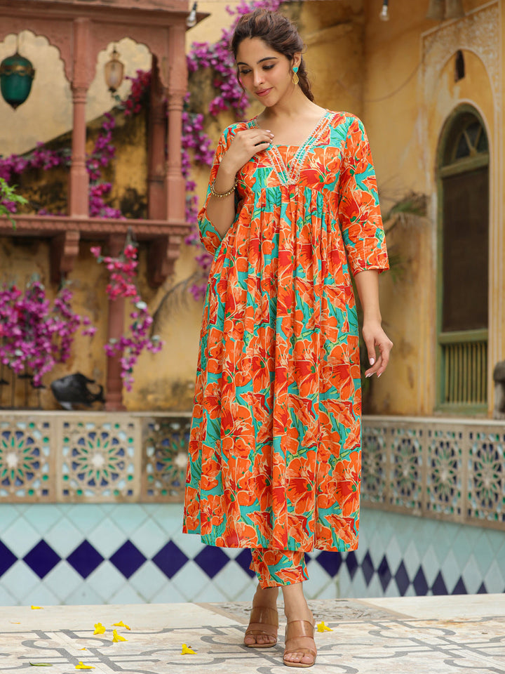 Orange Pure Cotton Floral Printed A-Line Kurta Set  - By Janasya