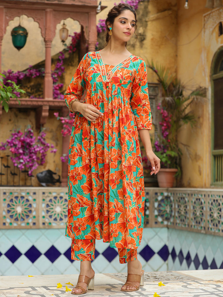 Orange Pure Cotton Floral Printed A-Line Kurta Set  - By Janasya