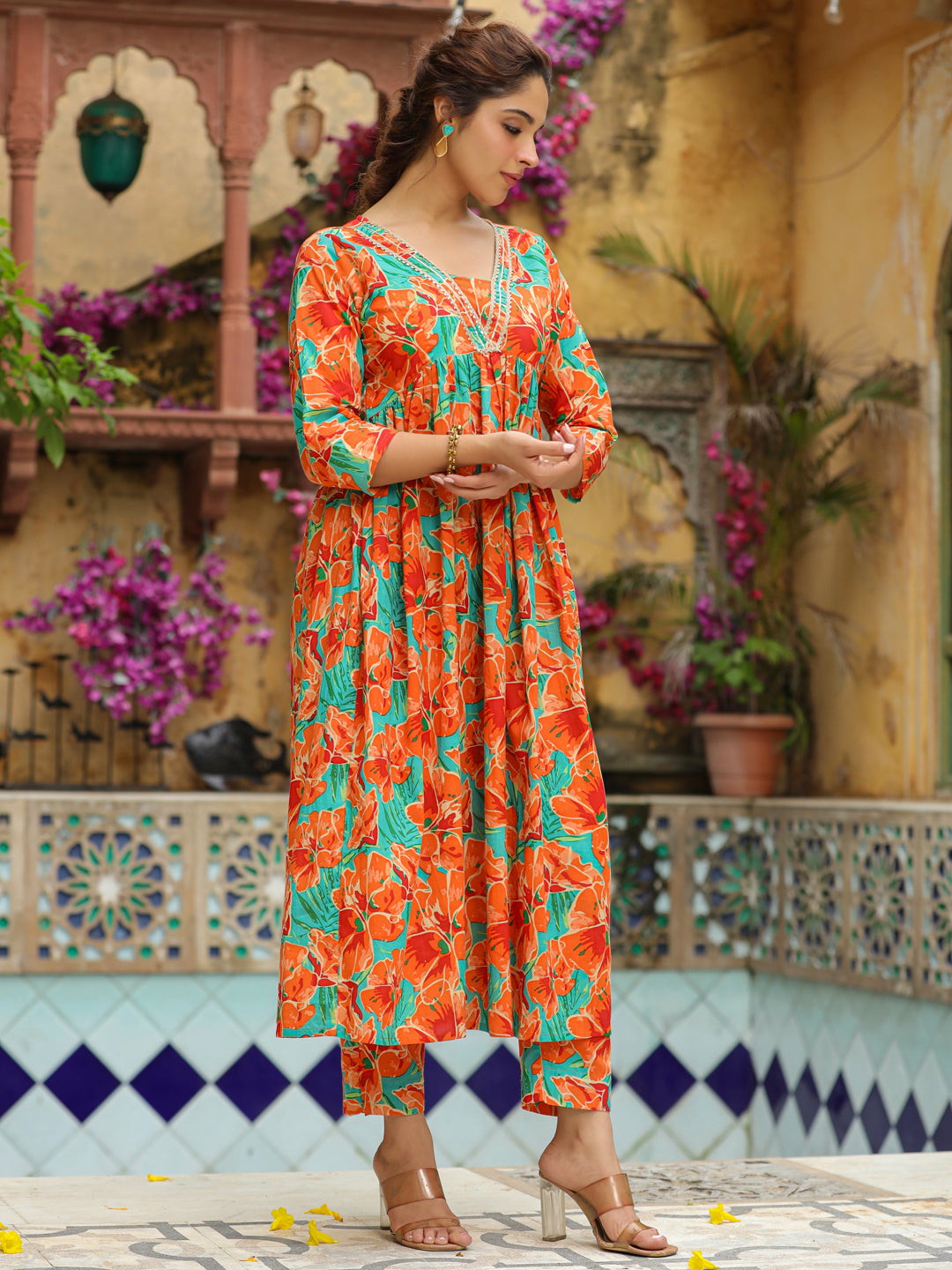 Orange Pure Cotton Floral Printed A-Line Kurta Set  - By Janasya