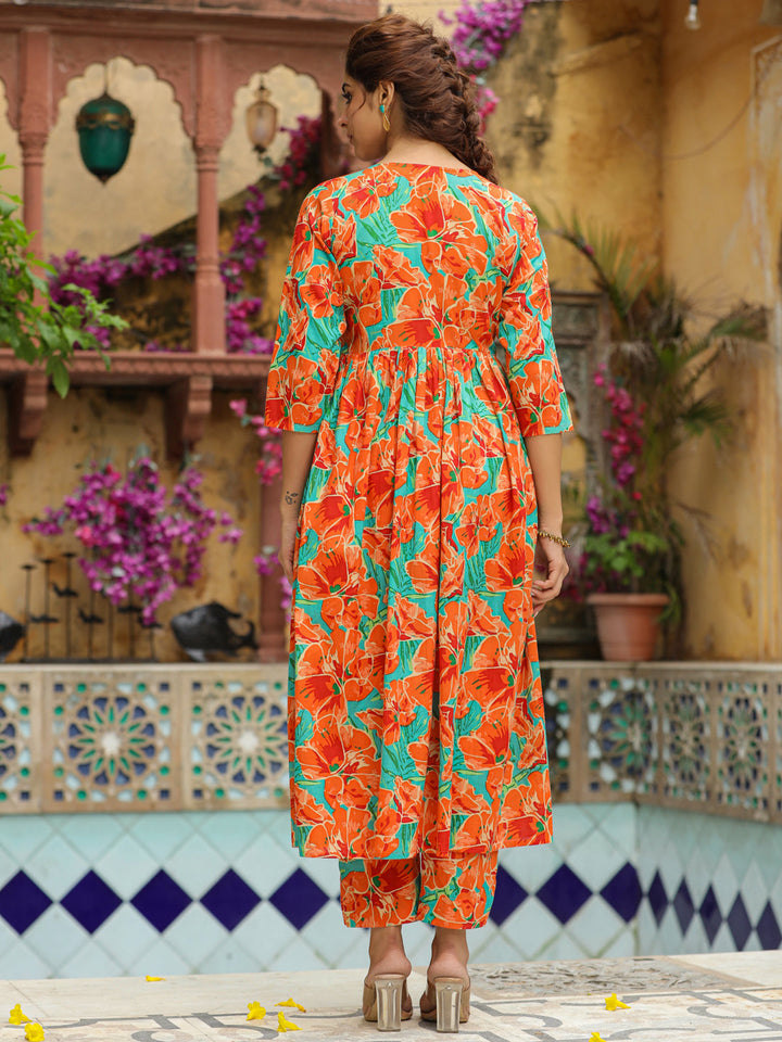 Orange Pure Cotton Floral Printed A-Line Kurta Set  - By Janasya