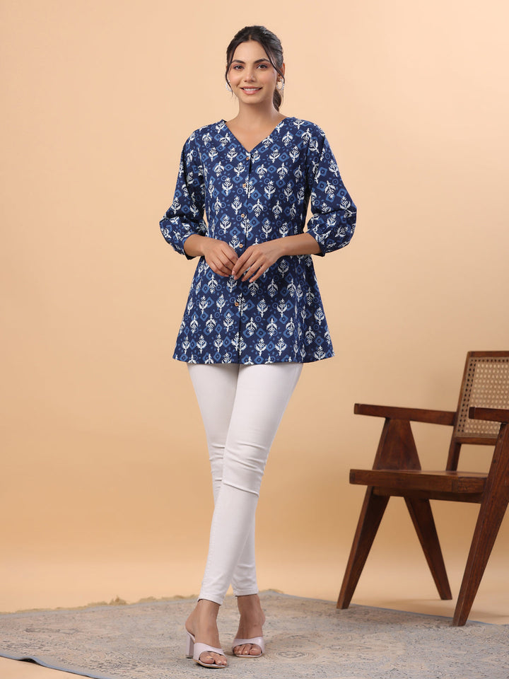 Indigo Cotton Ethnic Motifs Top  - By Janasya