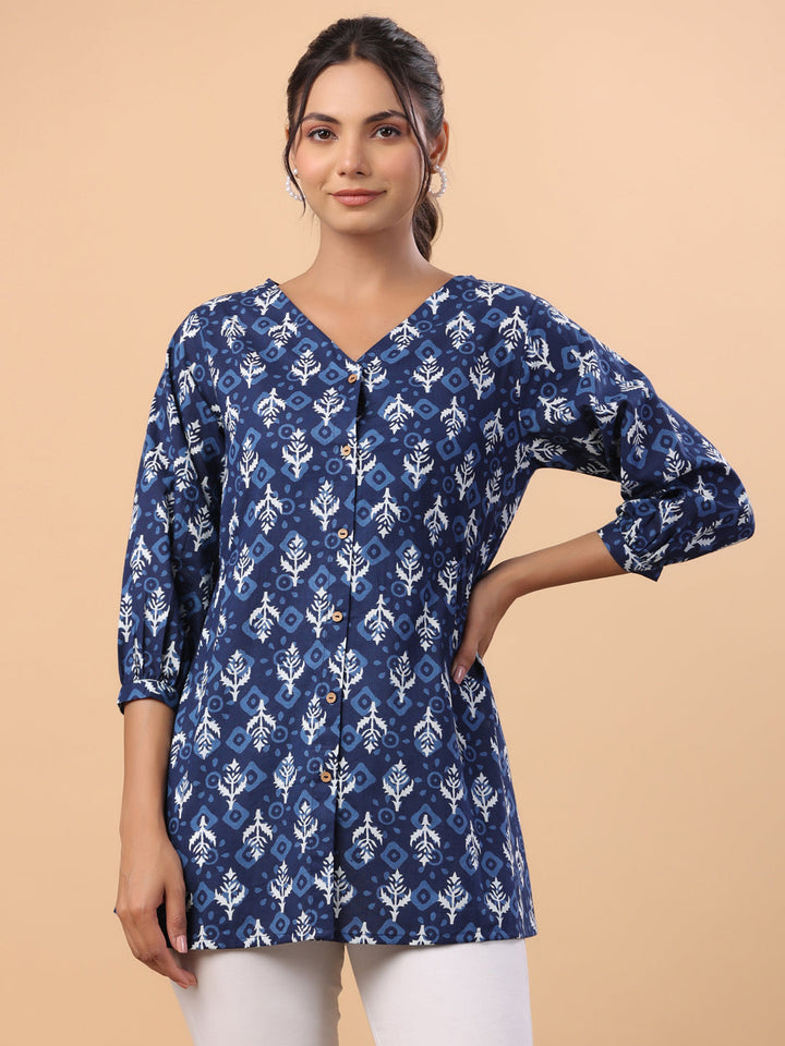 Indigo Cotton Ethnic Motifs Top  - By Janasya