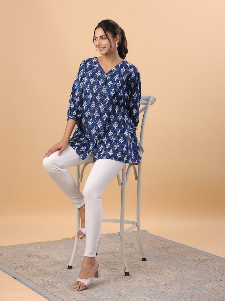 Indigo Cotton Ethnic Motifs Top  - By Janasya