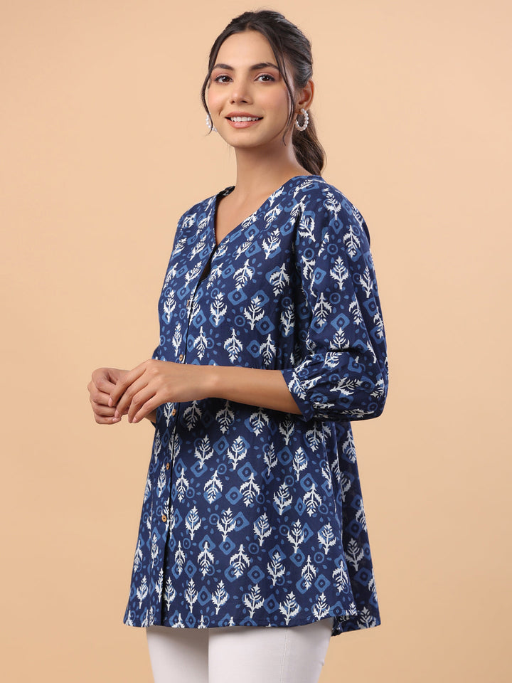 Indigo Cotton Ethnic Motifs Top  - By Janasya