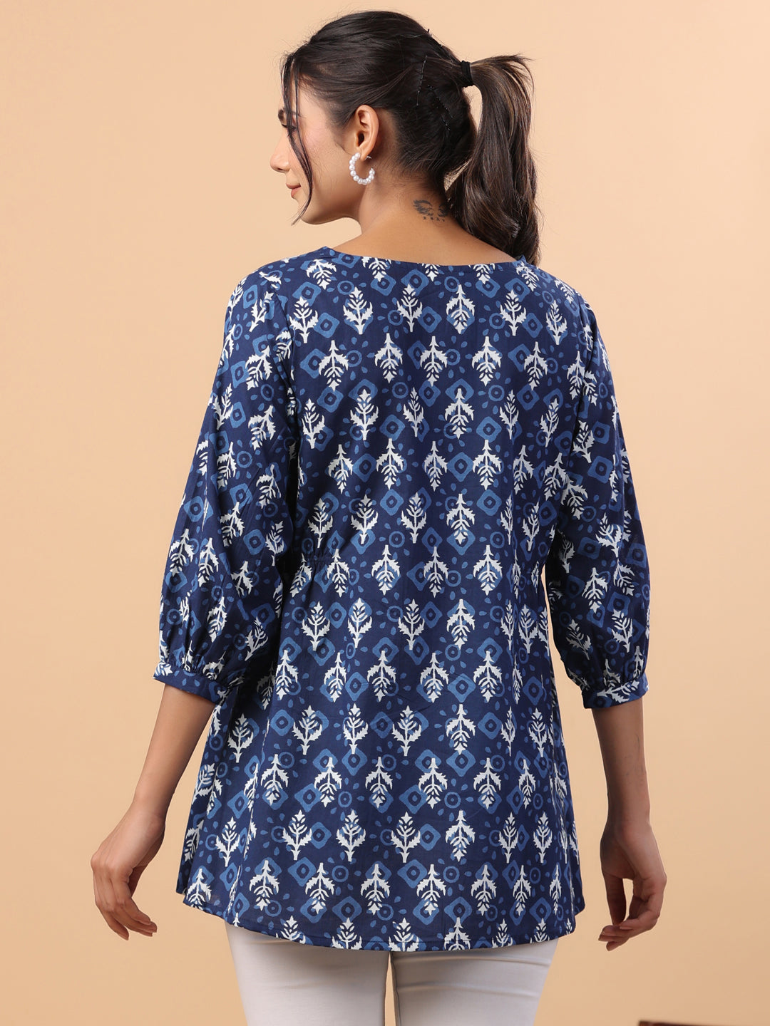 Indigo Cotton Ethnic Motifs Top  - By Janasya