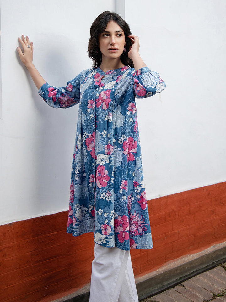 Blue Cotton Floral A-Line Tunic  - By Janasya