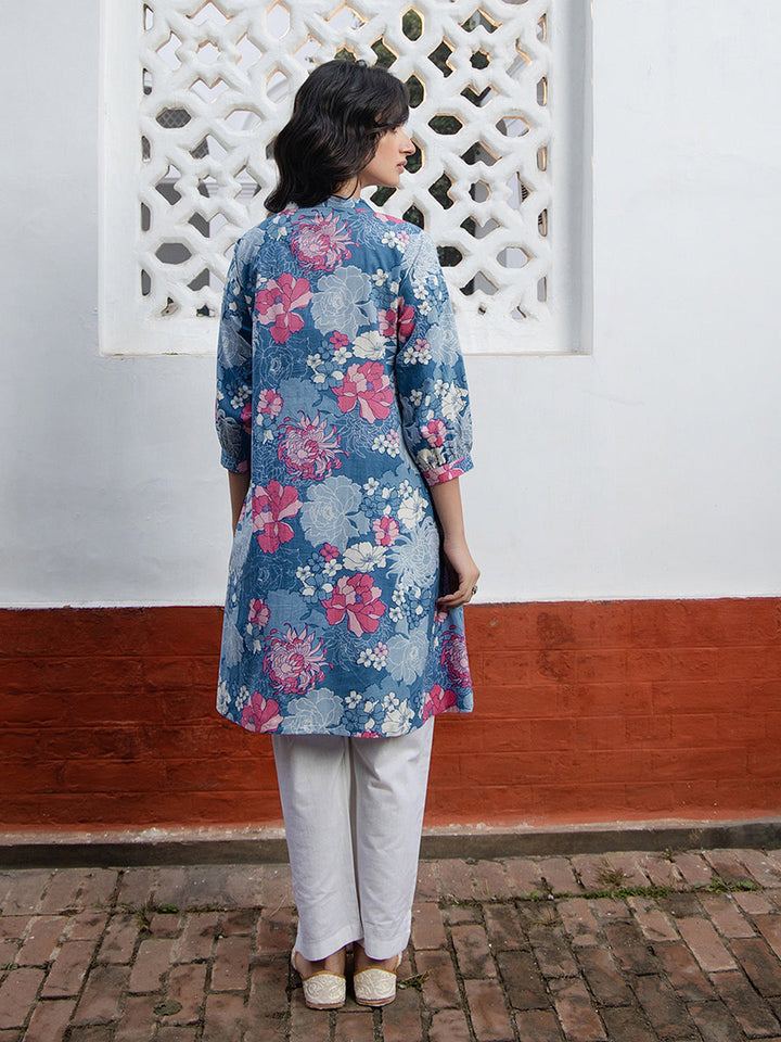 Blue Cotton Floral A-Line Tunic  - By Janasya