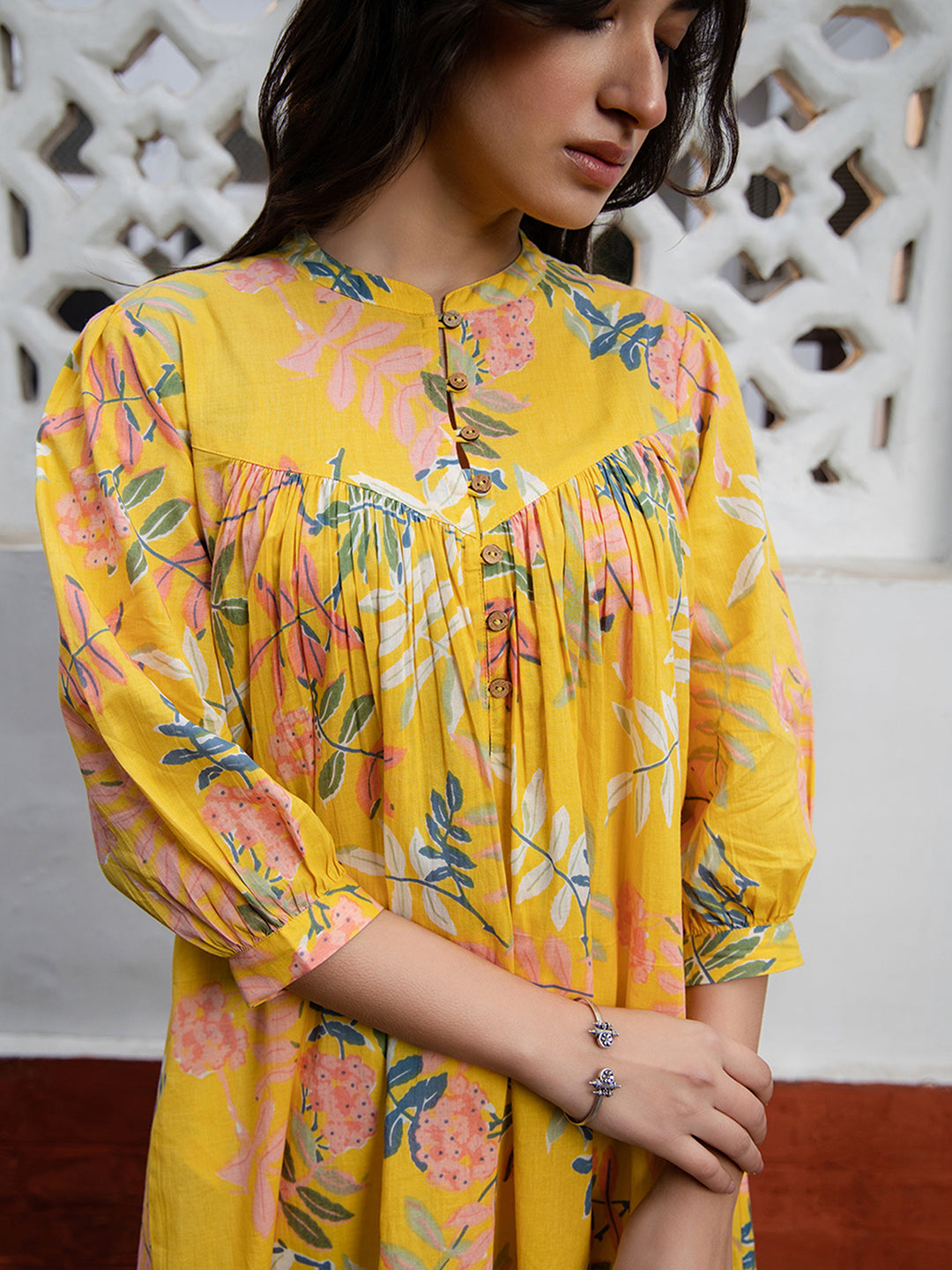 Yellow Cotton Trophical Gathered Tunic  - By Janasya