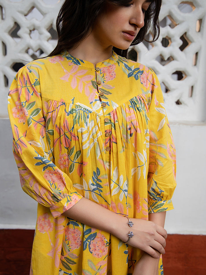 Yellow Cotton Trophical Gathered Tunic  - By Janasya