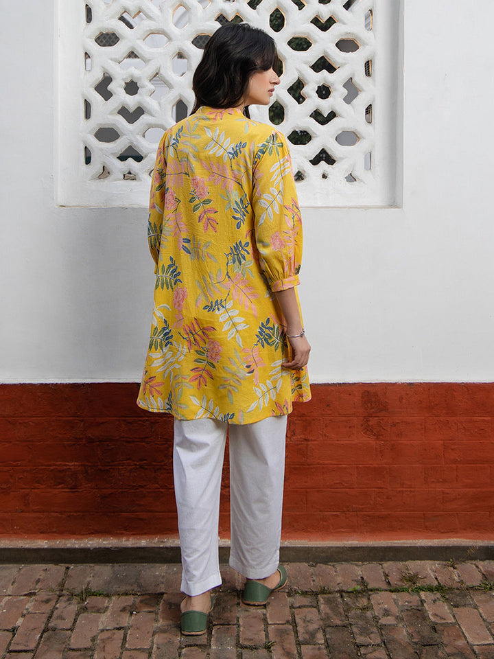 Yellow Cotton Trophical Gathered Tunic  - By Janasya