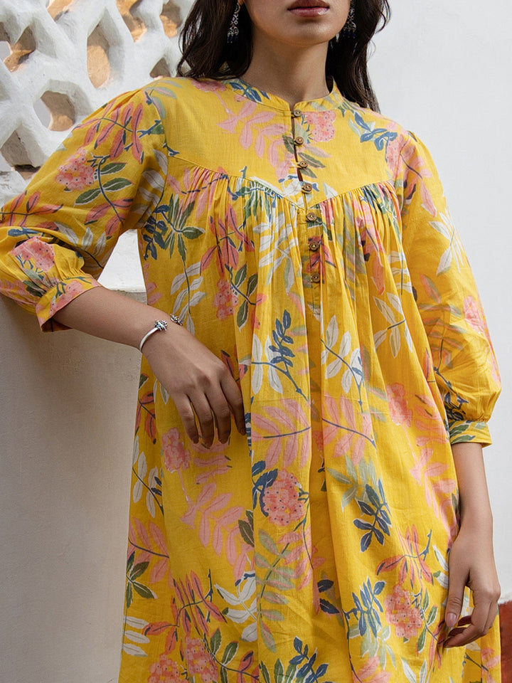 Yellow Cotton Trophical Gathered Tunic  - By Janasya