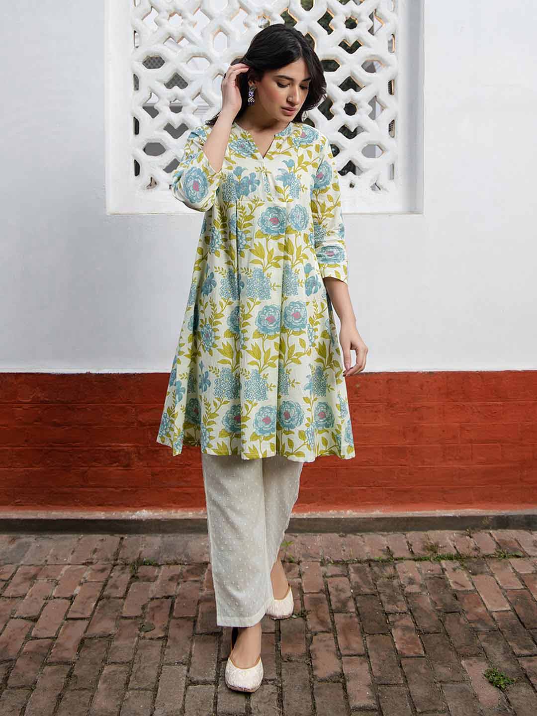 Off White Cotton Floral Regular Tunic  - By Janasya